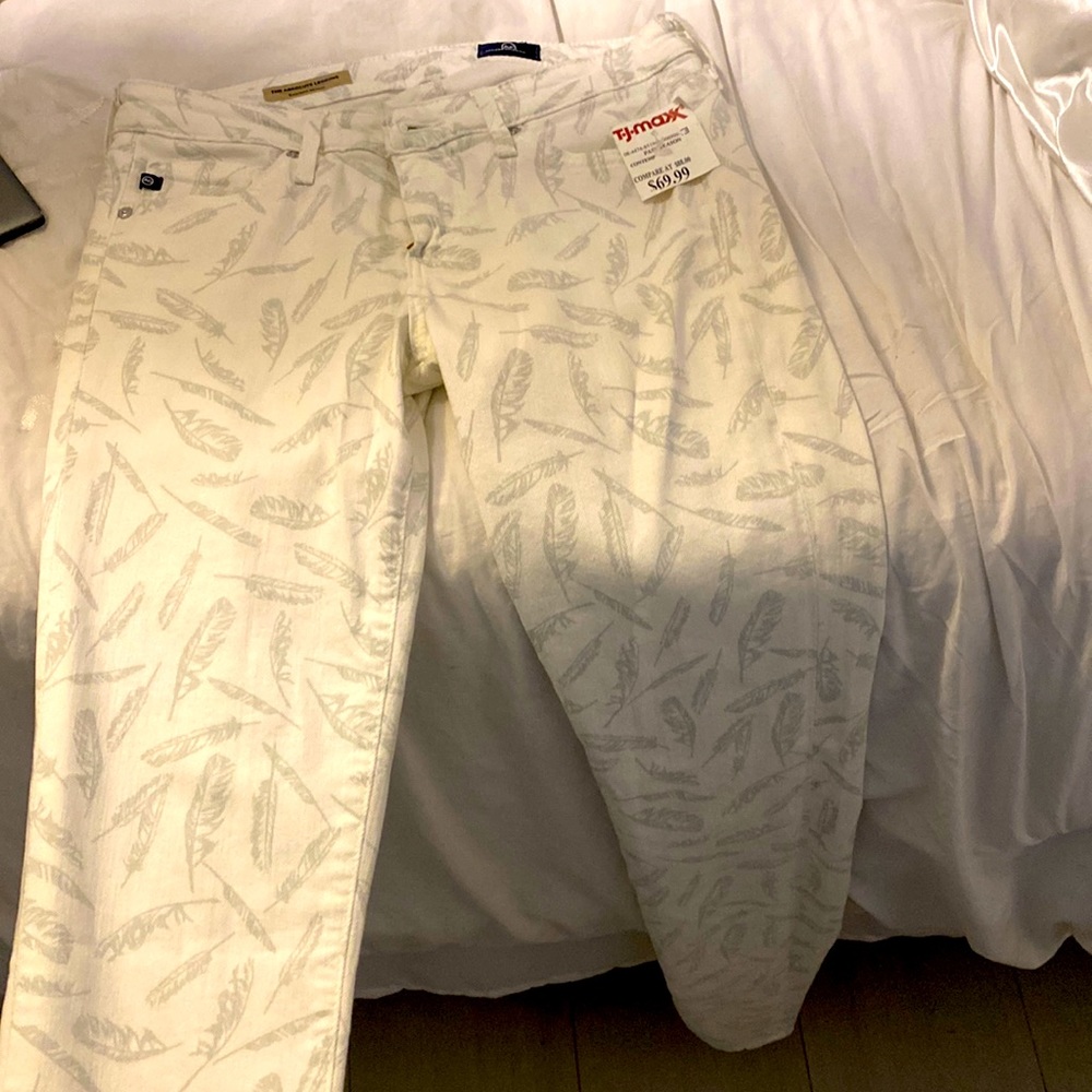 AG white jeans w/soft green feather print so cute!